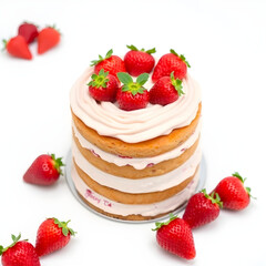 A decadent strawberry cake with moist layers and creamy strawberry buttercream frosting, adorned white background