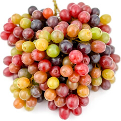 A cluster of multicolored grapes with varying shades of green ,arranged on a clean and pristine white background,
