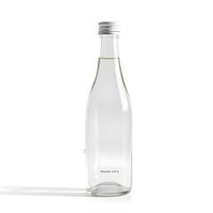 A clear glass bottle with a sleek, curved shape and a silver cap, standing upright on a pristine white background