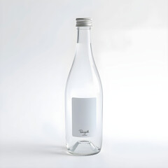 A clear glass bottle with a sleek, curved shape and a silver cap, standing upright on a pristine white background