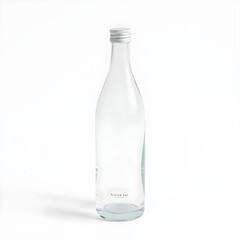 A clear glass bottle with a sleek, curved shape and a silver cap, standing upright on a pristine white background