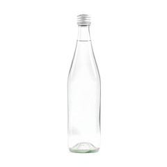 A clear glass bottle with a sleek, curved shape and a silver cap, standing upright on a pristine white background