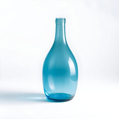 A clear blue glass bottle with a rounded body and narrow neck sits upright on a pristine white background