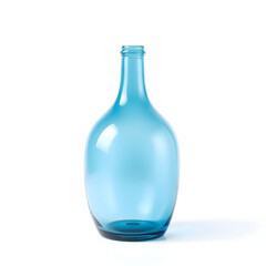 A clear blue glass bottle with a rounded body and narrow neck sits upright on a pristine white background