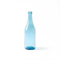 A clear blue glass bottle with a rounded body and narrow neck sits upright on a pristine white background