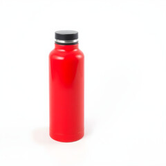 A bright red thermally insulated vacuum flask with a silver lid and a black handle, positioned white background