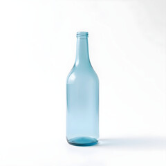 A clear blue glass bottle with a rounded body and narrow neck sits upright on a pristine white background