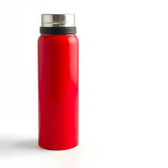 A bright red thermally insulated vacuum flask with a silver lid and a black handle, positioned white background