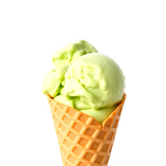 A green pistachio ice-cream in cone on white background