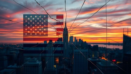 American Flag Overlayed on a Cityscape During Sunset
