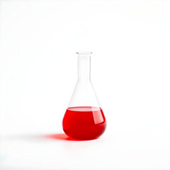 A solitary red Erlenmeyer flask with a rounded body and narrow neck sits against a pristine white background