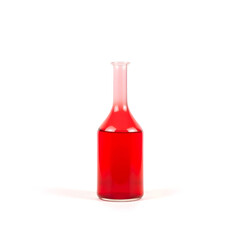 A solitary red Erlenmeyer flask with a rounded body and narrow neck sits against a pristine white background