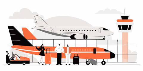 Busy Airport Scene Vector Illustration Aircraft Ground Crew Passengers Loading Luggage Control Tower Flat Design Modern Style Minimalist Passengers Aircraft on Ground