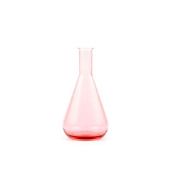 A solitary red Erlenmeyer flask with a rounded body and narrow neck sits against a pristine white background