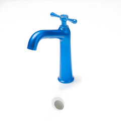 A solitary blue tap with a sleek metallic finish and prominent handle is centered on a pristine white background