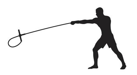 Silhouette of a man holding a lasso and preparing to throw it during outdoor activity or rodeo competition against a clean backdrop isolated on white background