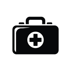 Simple black and white icon of a medical first aid kit with a cross symbol