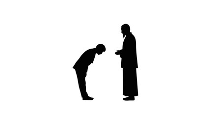 Two silhouetted figures in a formal bowing gesture symbolizing respect politeness and traditional greetings in japanese culture against a white backdrop isolated on white background