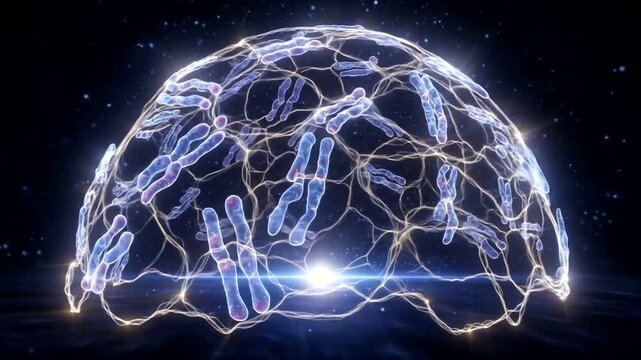 Chromosomes are organized within a glowing geodesic sphere against a starry background.