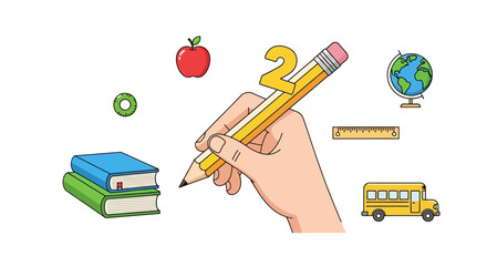 Back to School Hand Holding Pencil with School Supplies Illustration