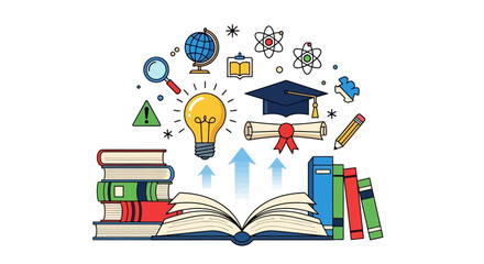 Education Knowledge Concept with Books, Diploma, Globe, and Lightbulb