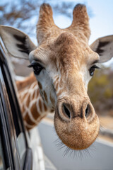 A giraffe sticking head through a car window to lick snacks