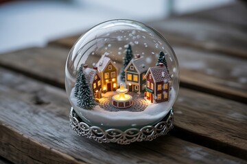 Enchanting christmas village snow globe illuminated with warm lights nestled on rustic wooden surface evoking winter holiday magic