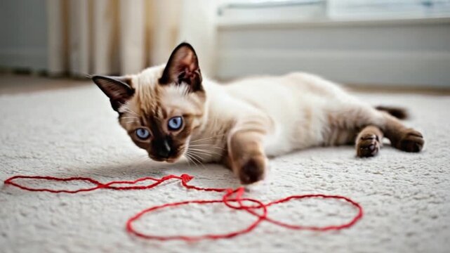Siamese kitten lying on carpet playing with red string looking at the camera with blue eyes cat video