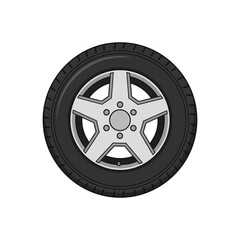 Obraz premium A clean vector illustration of an automobile wheel featuring a five-spoke silver alloy rim and a black tire, isolated for automotive or transport design