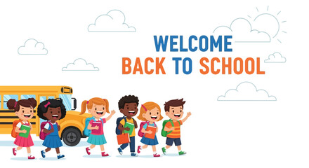 Welcome Back to School Cheerful Kids by School Bus Illustration