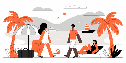 Vibrant Beach Getaway Illustration: Stylish Characters, Palm Trees, and Relaxing Seaside Ambiance in Muted Colors Vector Design