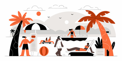 Relaxing Beach Activities Vector Art: Lounge Chairs, Beachgoers, Palm Trees, and Festive Seaside Scene in Graphic Style