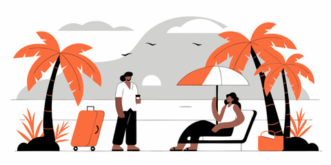 Tranquil Coastal Retreat Vector Illustration: Palm Trees, Relaxing Vacationers, and Serene Seaside Ambiance in Modern Graphic Style