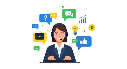 Professional Customer Support Specialist Surrounded by Service Icons