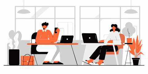 Office Coworkers Collaboration Flat Vector Illustration Teamwork in Modern Workspace Individuals Working Together on Laptop Computer Corporate Environment