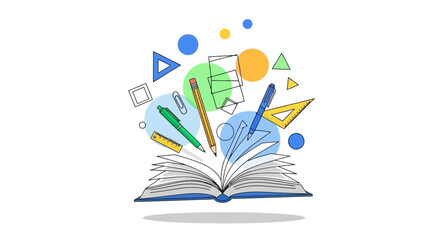Open Book with Floating School Supplies A Realm of Learning and Creativity