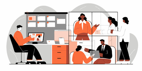 Video Conference Vector Illustration Online Meeting Remote Team Connection Corporate Communication Modern Technology Virtual Collaboration Digital Workplace