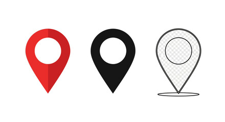 Fototapeta premium Versatile digital location pin icons in various styles, including solid and outline, for precise geographic mapping, navigation, and point of interest representation across web and mobile applications