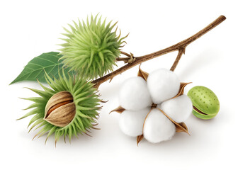 Cotton Plant with Seed Pods and Leaves – Realistic Botanical Illustration
