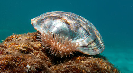 Close-up of a noble pen shell, a large bivalve mollusk, showing its iridescent surface and intricate structure on an algae-covered seabed in clear ocean water