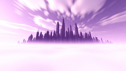 Purple Cityscape Silhouette Above the Clouds.