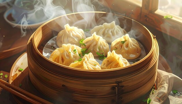 Dumplings in a bamboo steamer, steam rising, window light - Powered by Adobe