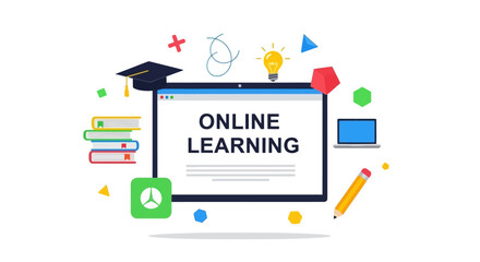 Colorful Online Learning Graphic Design with Educational Icons and Tablet