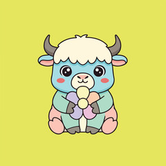 This colorful cartoon shows a blue, pastel-colored calf or yak-like creature holding a flower with multi-colored petals.
