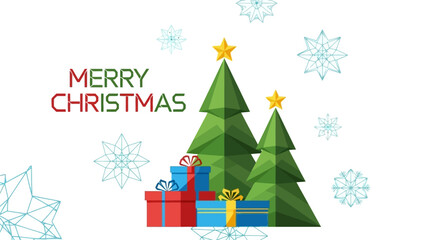 Vibrant holiday illustration featuring cheerful Christmas trees adorned with stars, colorful gift boxes, and delicate snowflakes on a clean white background, perfect for festive seasonal designs