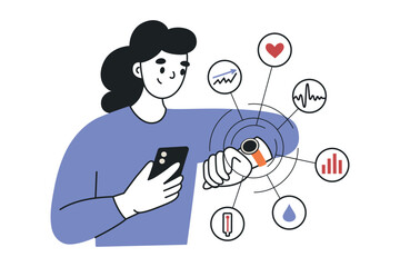Woman using smartwatch and holding smartphone, smart watch flat cartoon vector illustration for health, fitness and technology design, wearable device showing pulse, temperature, ECG and data charts