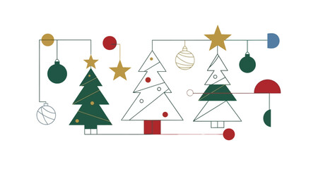 Festive Christmas Tree Line Art with Ornaments and Stars.