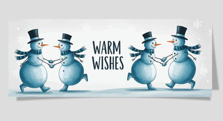 Four cheerful snowmen dancing together in a festive winter scene.