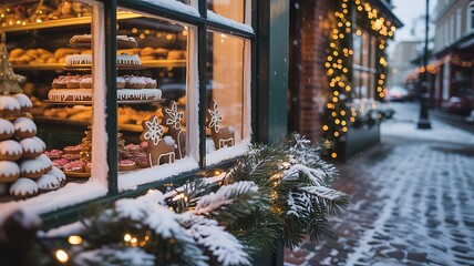 Cozy christmas bakery window display illuminated by warm lights on a snowy european street