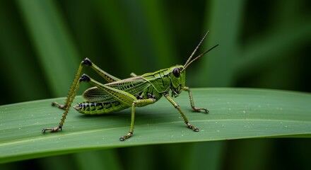 A green grasshopper is perched on a wide green blade showcasing its intricate details against a blurred green background